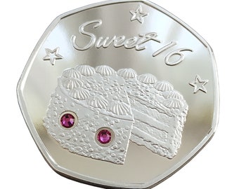 Sweet 16 Happy Birthday ( Cake ) Silver Plated Commemorative Coin & Pink Swarovski Crystals