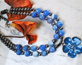 Designer necklace from blue lace agate, silver freshwater pearls and spectacular blue enamel pendant