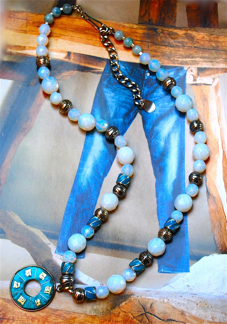 Gemstone necklace from faceted opalite beads and metal and blue enamel with beautiful Tibetan prayer medallion