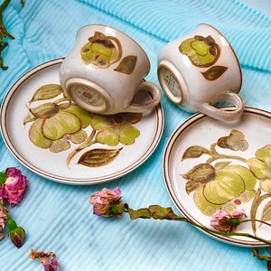Vintage English quality ceramic two teacups and two sandwich plates by Denby hand decorated with country flowers
