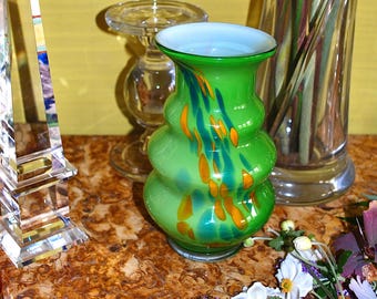 Large Murano handblown glass vase in spring green, gold and white colours