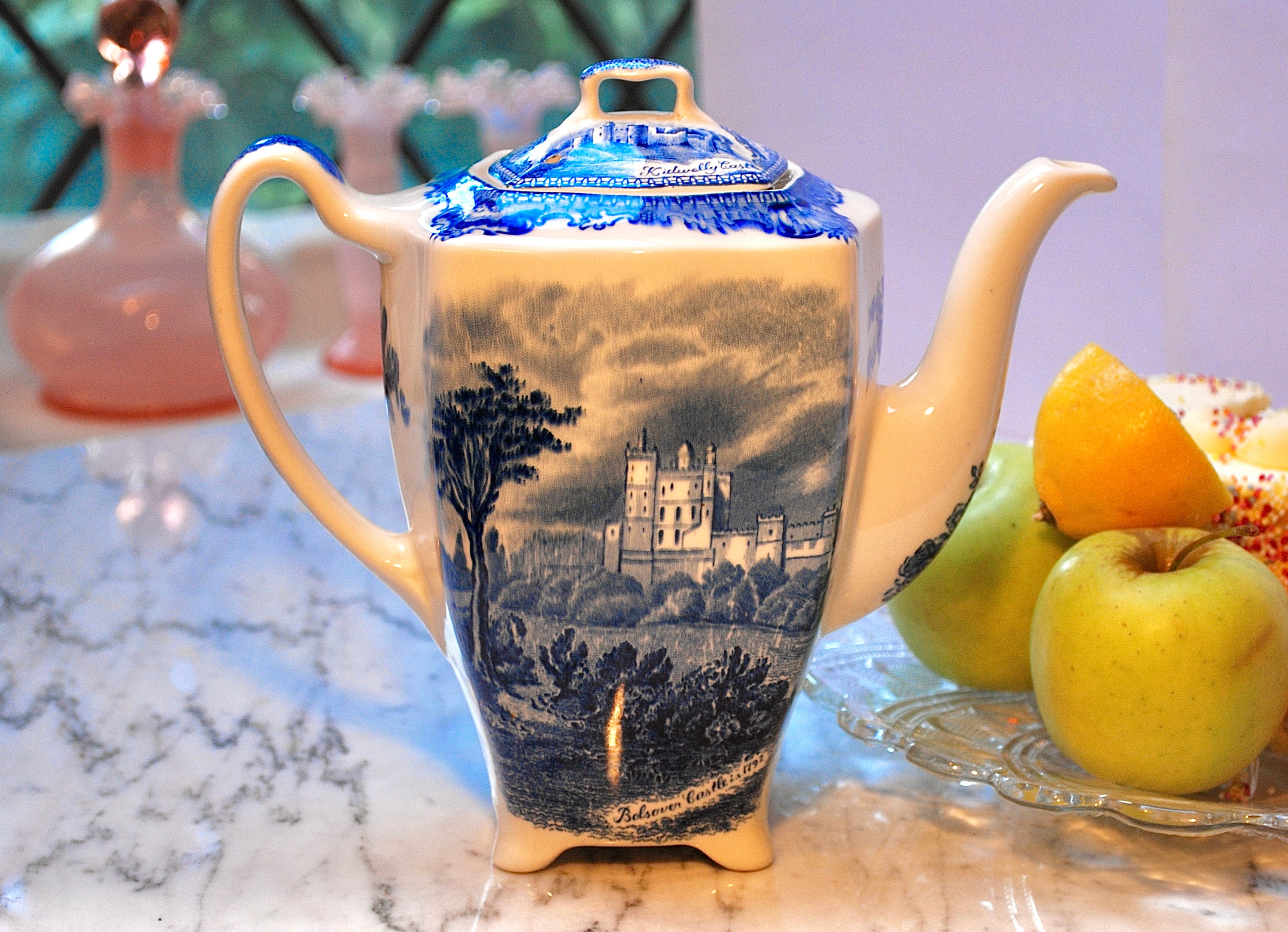 Large antique coffee pot by Johnson Bros England 1920s from fine porcelain with blue transfer of Bolsover Castle in 1792