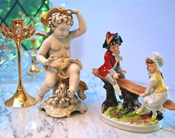 Vintage kontinentala porslinsfigurer, kerub och barn, 1700-talsstil