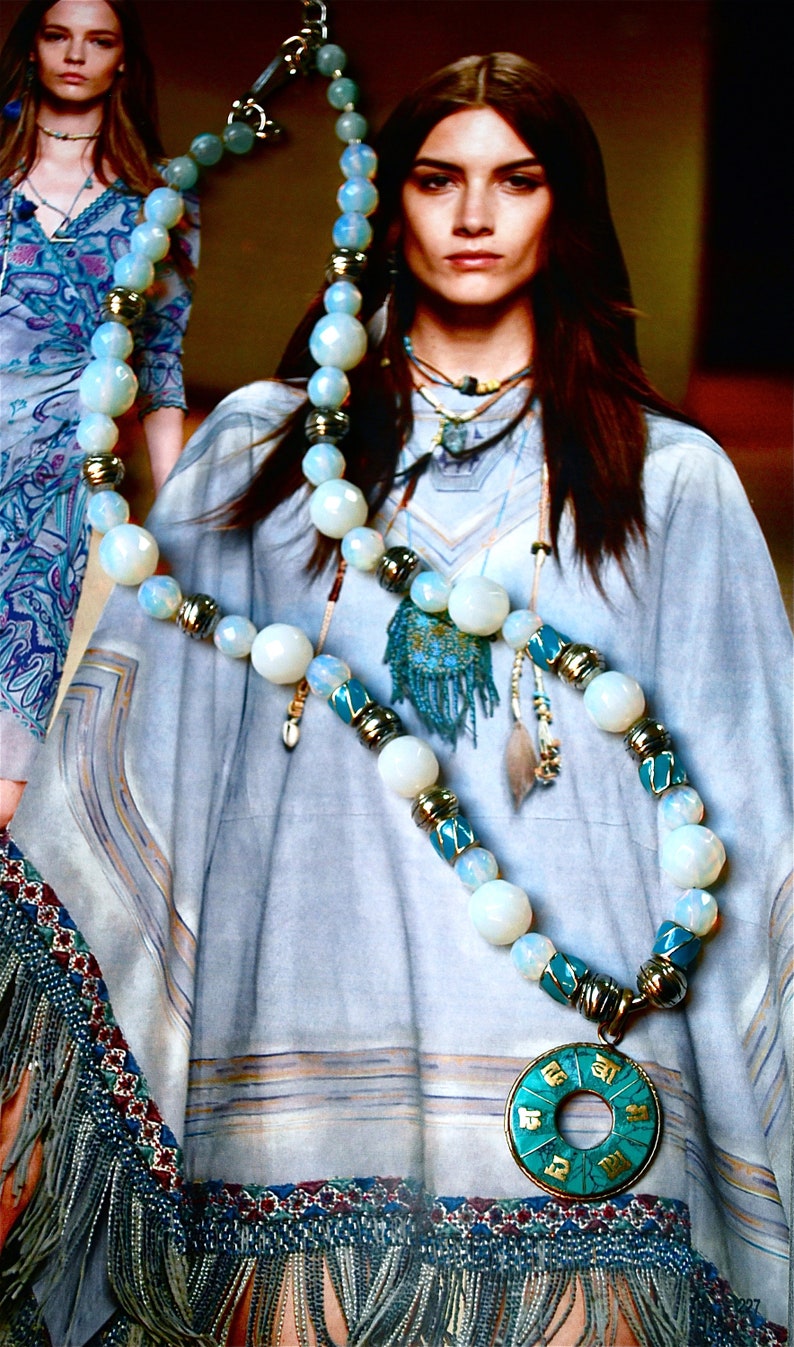 Gemstone necklace from faceted opalite beads and metal and blue enamel with beautiful Tibetan prayer medallion