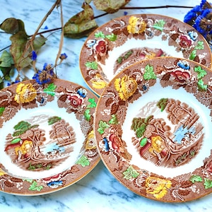 Antique rare three soup plates by Wood & Sons made in England with unusual hand enamelled transfer decoration
