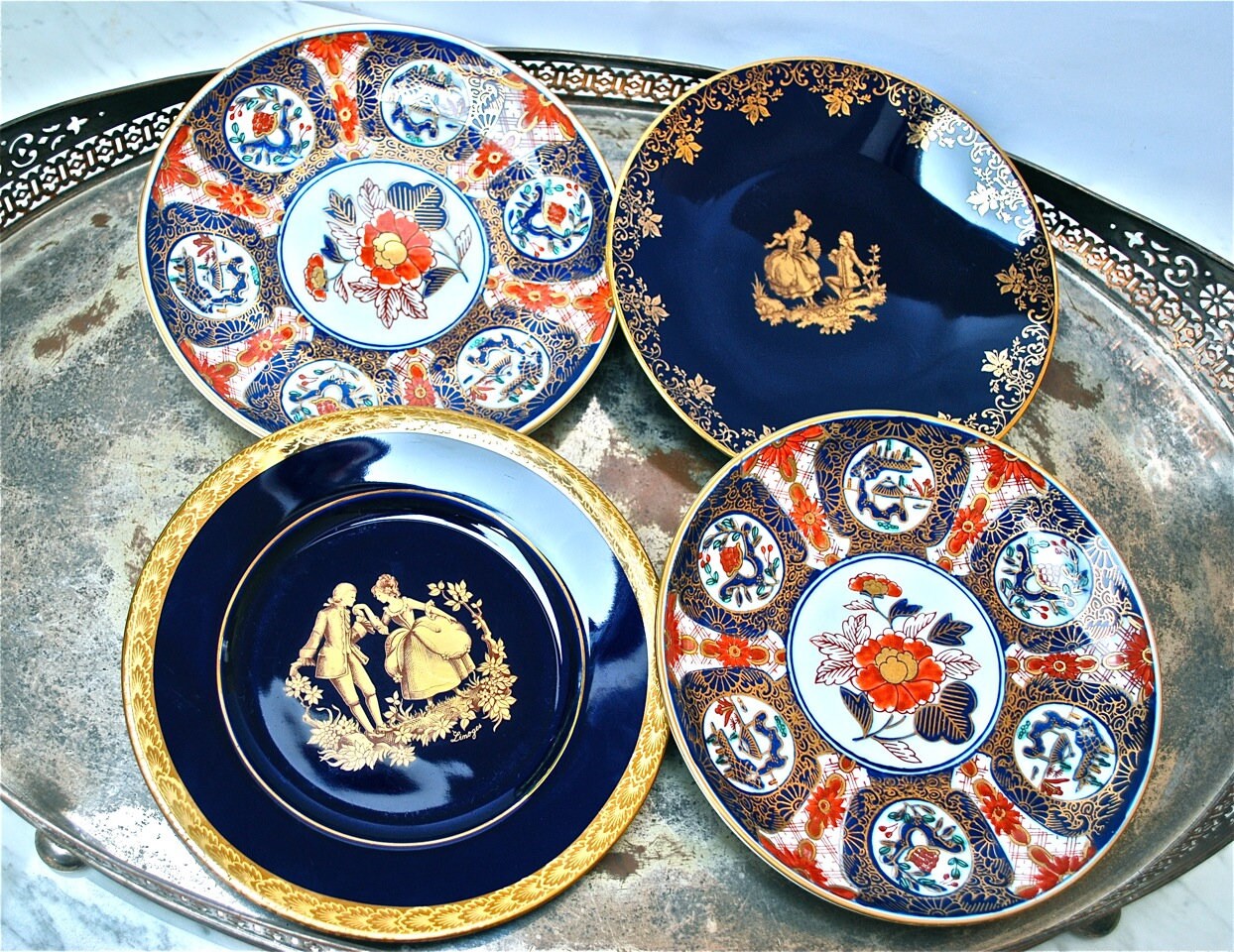 Limoges Porcelain Display Plates, 22K Gold, Romantic & Pagoda