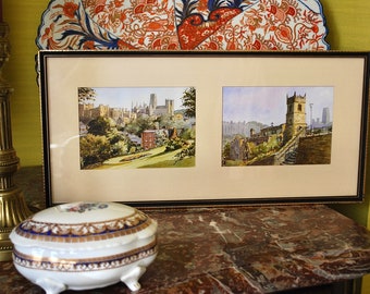 Vintage watercolour of two views of an English cathedral city glazed in a gilded frame
