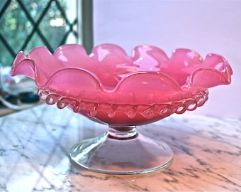 Large vintage bonbon dish, hand blown from a milky pink colour glass