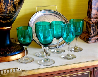 Antique Emerald Green Wine Glasses, Hand Blown Victorian Glassware Set