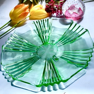 Impressive moulded glass Art Deco serving dish in a beautiful translucent apple green colour