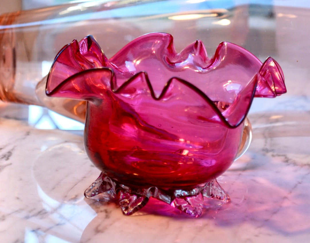 Victorian Cranberry Dish in a Beautiful Flower Shape With Clear Glass Scallop Legs Made in