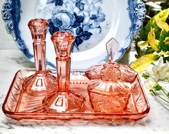 open lace back dress Pink Glass Vanity Set | Dressing Table | Retro Vintage Unique