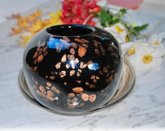 Hand blown art glass vase in a deep purple colour with mesmerising copper spots