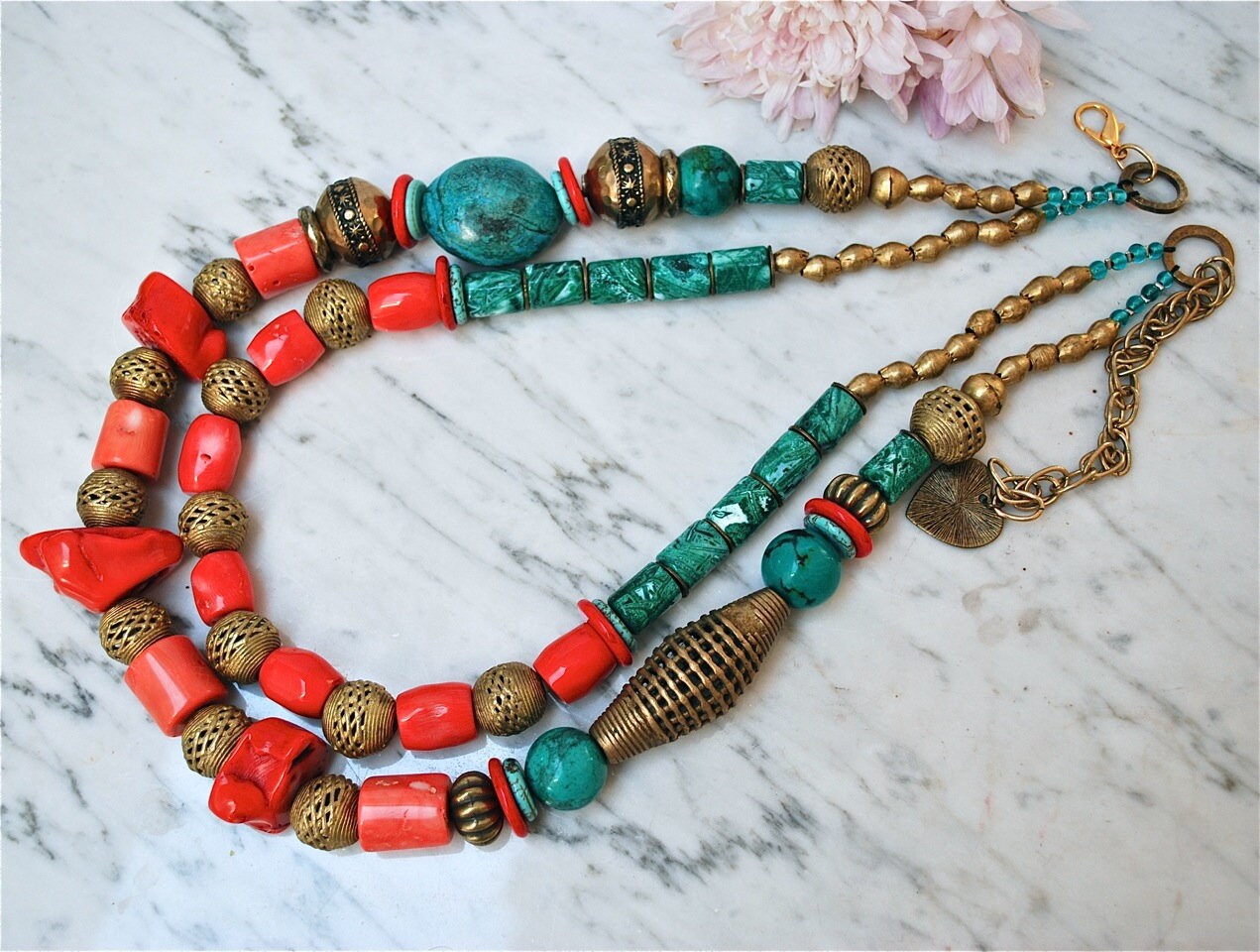 Imposing semi precious stones necklace from vintage coral, Tibetan turquoise and a variety of handmade African bronze/brass beads