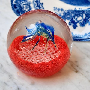 Vintage Caithness large paperweight with remarkable blue jelly fish floating over textured scarlet ground with signature and number