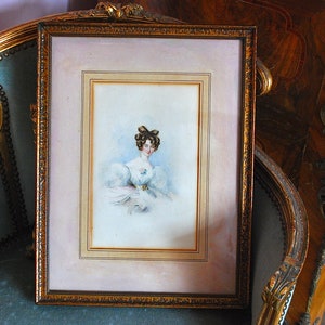 Antique English school watercolour of a young lady in a glamorous dress with a rose, early 19th century 1805-1810