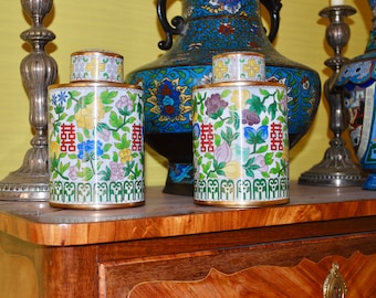 Antique Cloisonné Vases Pair with Covers, Exotic Floral Design