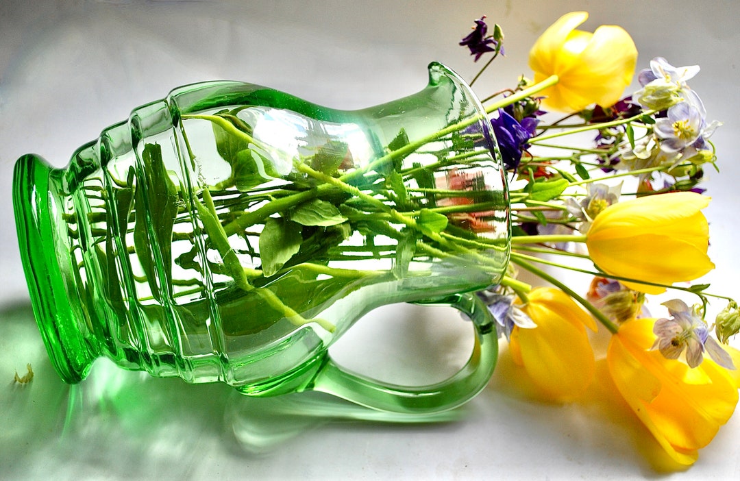 Vintage Large Handblown Glass Water Jug Vase in a Pleasant Spring Green