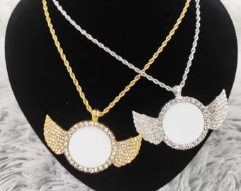 Small Rhinestone Double Link Wings Pendant Silver-tone