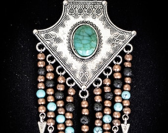 Turquoise argent tibétain, roche de lave et collier boho de chute de tête de flèche de cuivre