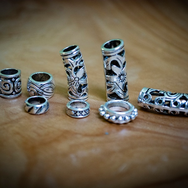 Set of 9 Mixed Tibetan Silver Plated Dreadlock Beads