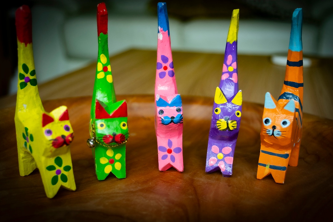 Handmade Colourful Wooden Cat - Etsy