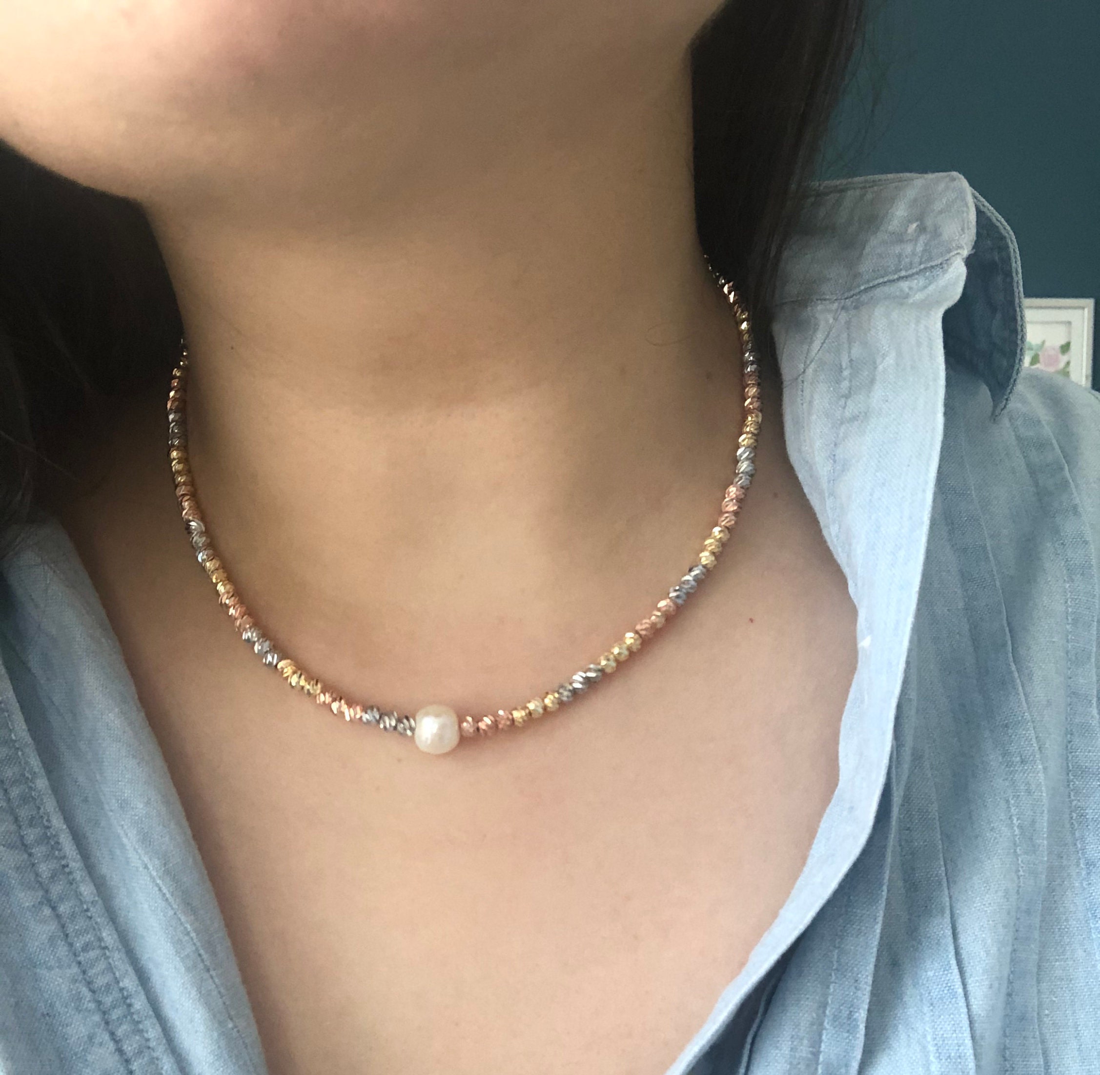 Shiny Beaded Gold Filled Necklace with Freshwater Pearl Etsy