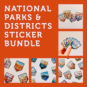 May include: A selection of colourful stickers showcasing national parks and districts. The stickers feature diverse designs, including landscapes and park names. The text "NATIONAL PARKS & DISTRICTS STICKER BUNDLE" is displayed in white on an orange background.