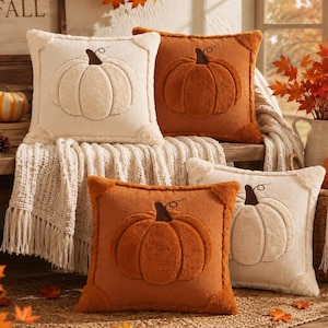 May include: Four square throw pillows featuring raised, textured pumpkin designs. Two pillows are cream-colored with dark brown stems, and two are burnt orange with dark brown stems. The pillows have a soft, plush finish and are arranged on a bench.