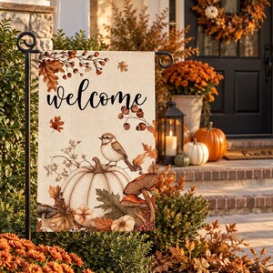Vintage Fall Garden Flag, Pumpkin & Bird Autumn Welcome Flag, Thanksgiving Porch Decor, Farmhouse Yard Outdoor Decor
