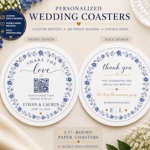 Personalized Wedding Coasters, QR Code Wedding Coasters, Custom Photo Sharing Coasters, Wedding Reception Favor, Double Sided