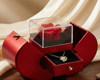 Preserved Rose Gift Box with Heart Necklace, Eternal Rose Jewelry Box, Romantic Gift for Her, Anniversary Birthday Valentine’s Day Present