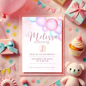 Pink Girl Birthday Invitation Editable Template, Pastel Rainbow Balloon Invite, Kids Party, Colorful Celebration, Digital Download