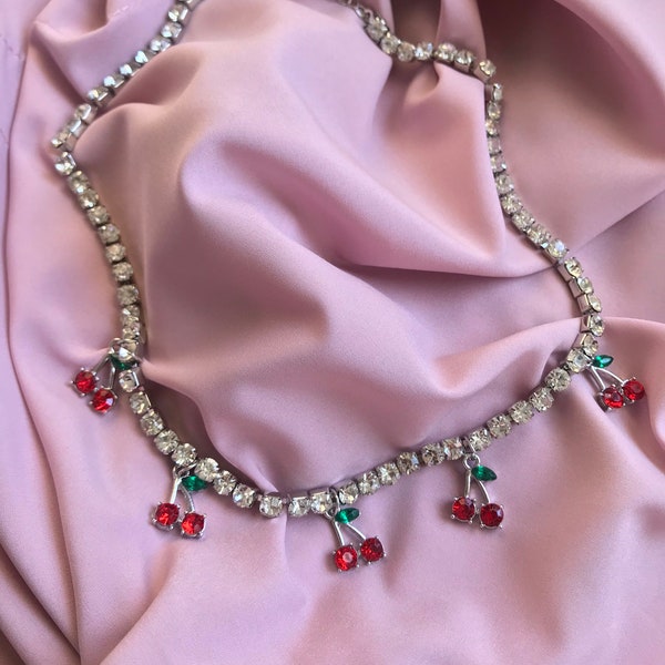 Cherry Tennis Choker Sparkly Necklace CZ Choker Trending Tennis Necklace Shiny Cubic Cherry Necklace Iced Out