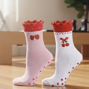 Summer Time Strawberry and Cherry Non-Slip Grip Socks for Pilates, Yoga and Barre, Cute Patterned Workout Socks for Women, Hot Yoga