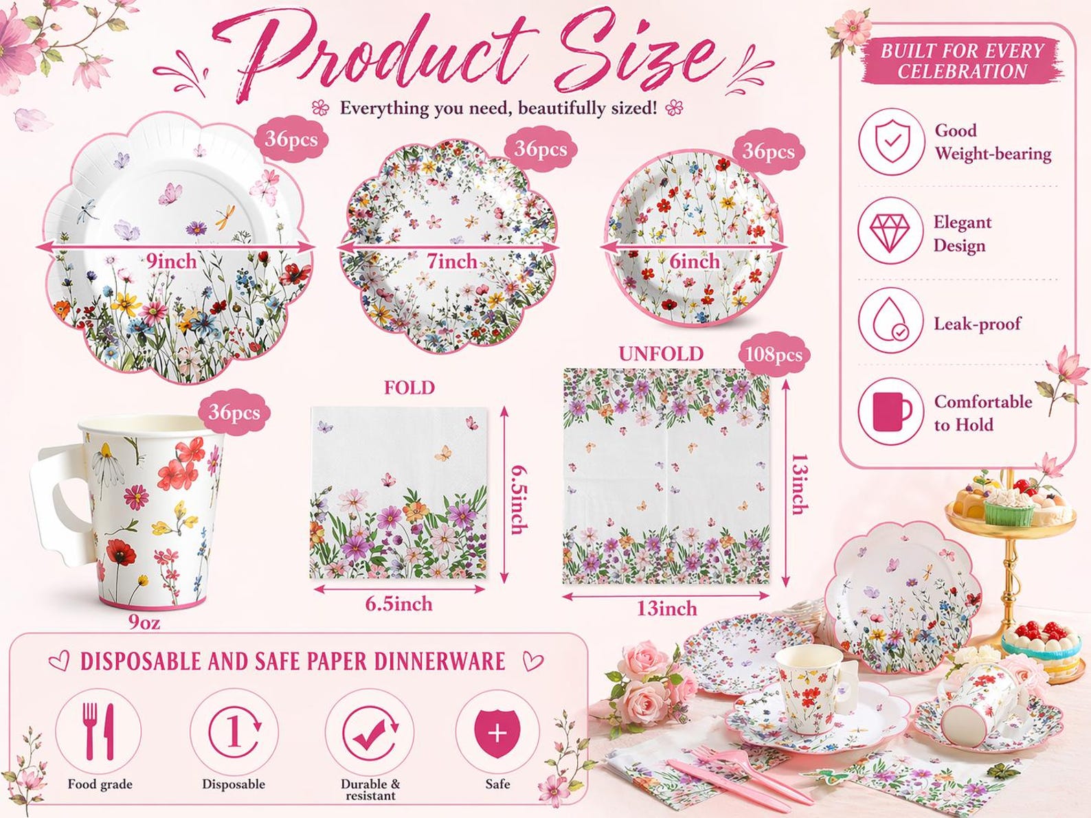 Floral Tea Party Supplies for 36 Guests, Wildflower Party Decorations ...