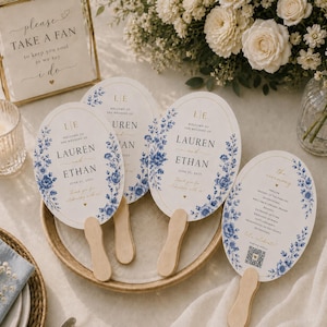 Individuell gestalteter Hochzeitsfächer, personalisierter Fächer für das Zeremonienprogramm, blauer floraler Chinoiserie-Hochzeitsfächer, doppelseitiger Handfächer, QR-Code