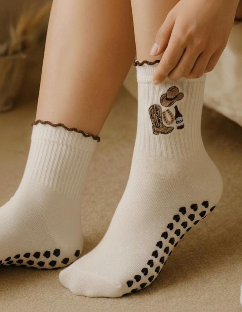 Western Cowgirl Non-Slip Grip Socks for Pilates and Yoga, Cowboy Boot & Hat Pattern Workout Socks for Women, Barre and Hot Yoga Socks image 3