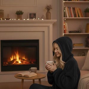 May include: A cozy scene featuring a person in a black hooded robe, holding a mug, seated near a fireplace with a burning fire. A small wooden table holds a book and a mug. A bookshelf and sofa are in the background.