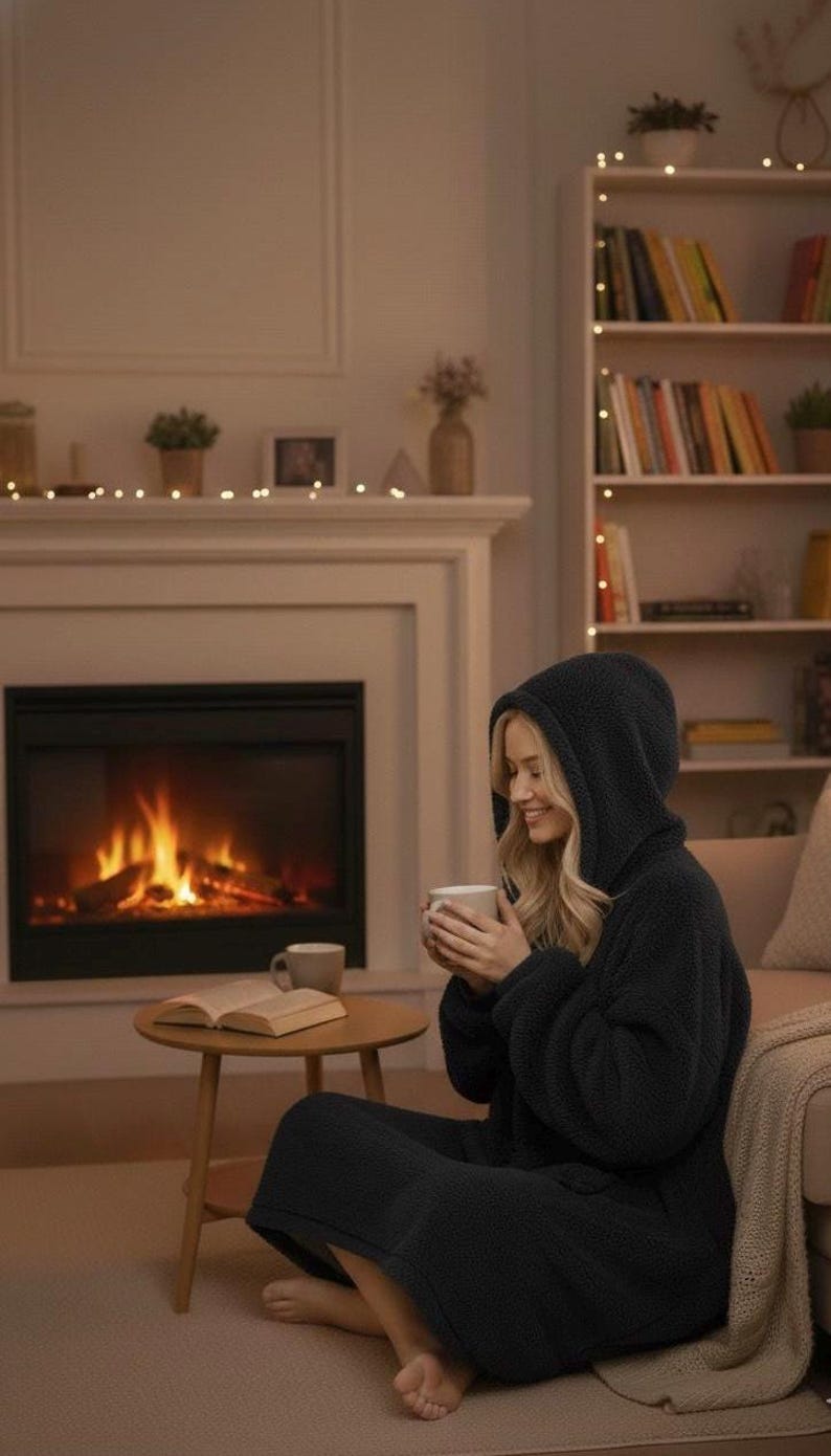 May include: A cozy scene featuring a person in a black hooded robe, holding a mug, seated near a fireplace with a burning fire. A small wooden table holds a book and a mug. A bookshelf and sofa are in the background.