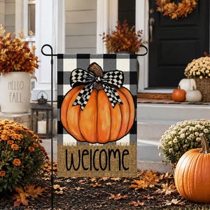 Fall Garden & House Flag, Pumpkin Welcome Flag, Buffalo Plaid Garden Flag, Autumn Porch Decor, Farmhouse Yard Flag Thanksgiving Decor