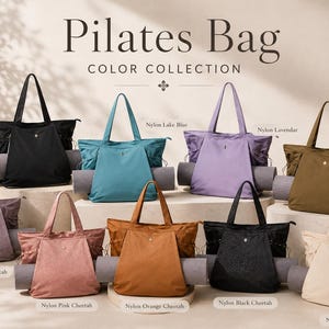 May include: A collection of nine nylon Pilates bags in various colors including black, lake blue, lavender, olive, purple cheetah, pink cheetah, orange cheetah, black cheetah, and beige. Each bag features a horizontal slot holding a gray yoga mat.