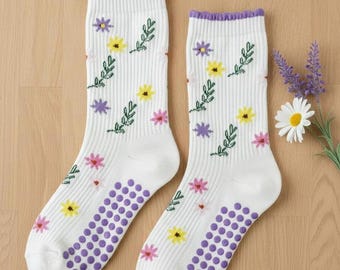 Calcetines de entrenamiento primaverales, antideslizantes, ideales para yoga, pilates, barra y baile. Flores silvestres y pilates.