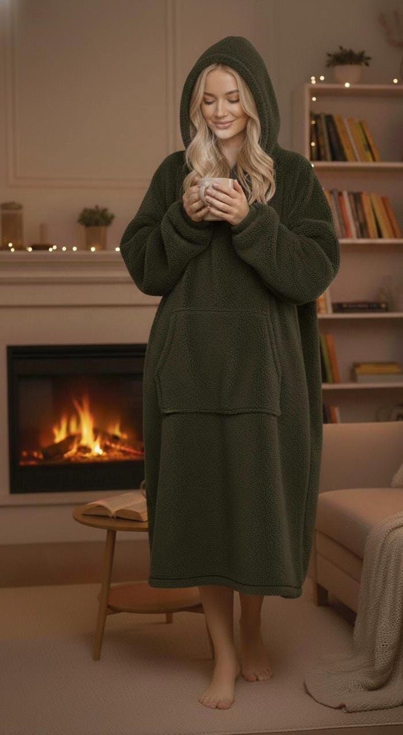May include: A dark green hooded blanket with a large front pocket. The blanket is worn by a person holding a mug. The background includes a fireplace, a small table, and a bookshelf, creating a cozy, relaxed atmosphere.