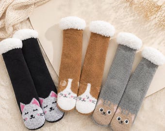 Cat Slipper Socks Gift for Women, Fuzzy Cozy Winter Socks, Sherpa Lined Plush Crew Socks, Cute Animal Socks, Soft Warm Sleeping Socks