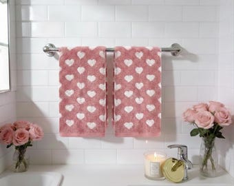 Valentine’s Day Hand Towel,  Red & Pink Heart Bathroom Towels, Cotton Decorative Towels for Bathroom or Guest Bath, Valentine’s Decor Gift
