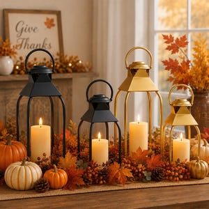 May include: Four metal candle lanterns in black and gold finishes, each containing a cream-colored pillar candle. The lanterns are arranged among orange and white pumpkins, pinecones, and autumn-colored foliage on a textured surface.