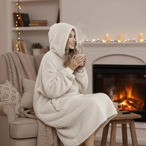Cozy Plush Sherpa Blanket Hoodie | Soft Fuzzy Oversized Snuggie | Wearable Blanket with Sleeves | Gift for Teens and Adults,Couples Gift