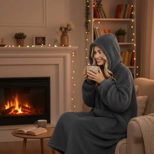 May include: A woman wearing a dark gray hooded blanket robe, holding a mug, and sitting in a cozy living room setting. The room features a fireplace with a burning fire, a side table with a book, and a bookshelf with decorative lights.