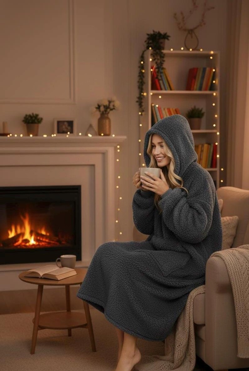 May include: A woman wearing a dark gray hooded blanket robe, holding a mug, and sitting in a cozy living room setting. The room features a fireplace with a burning fire, a side table with a book, and a bookshelf with decorative lights.
